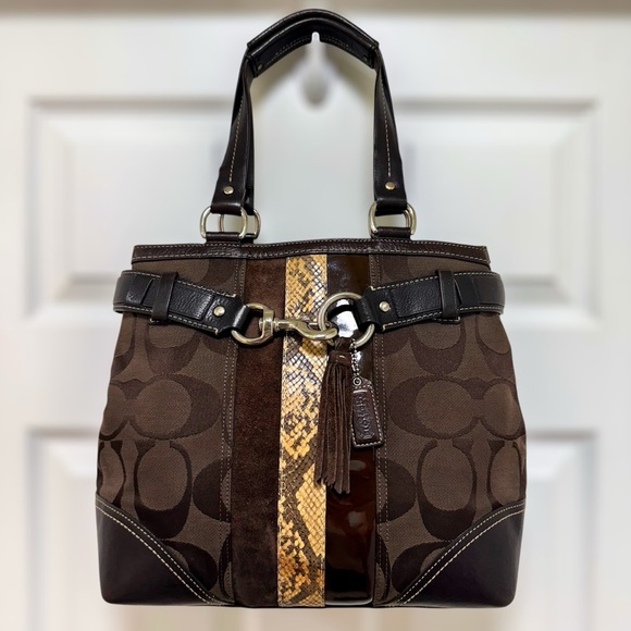 Coach Handbags - Coach Hampton Signature Patchwork Vintage Tote Brown Python Stripe